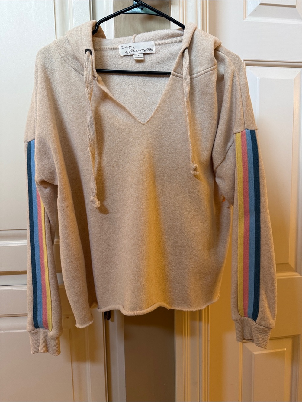 Vintage Havana Cream Hoodie with Multicolor Sleeve Stripes